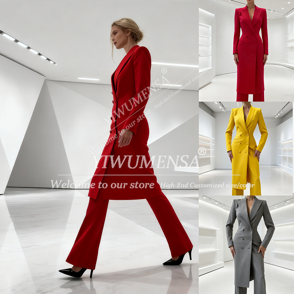 Double Breasted Blazer - Elegant Solid Women's Suits 2 Piece