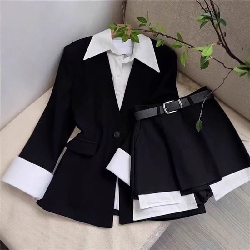 Double Breasted Blazer - Women Two Piece Skirt Sets Patchwork