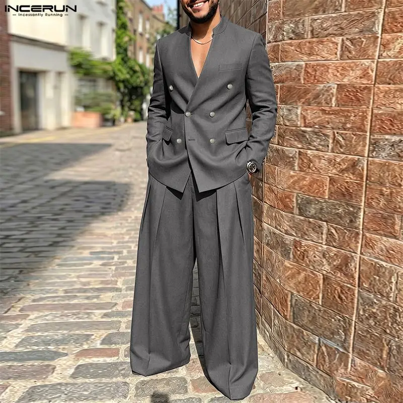 Double Breasted Blazer - INCERUN Men's Sets Solid Color V