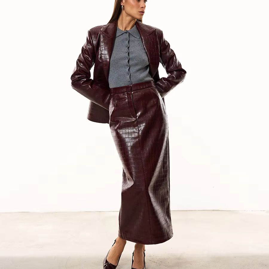 IG Women Burgundy Croc Faux Le - Double Breasted Blazer ulasan dan harga