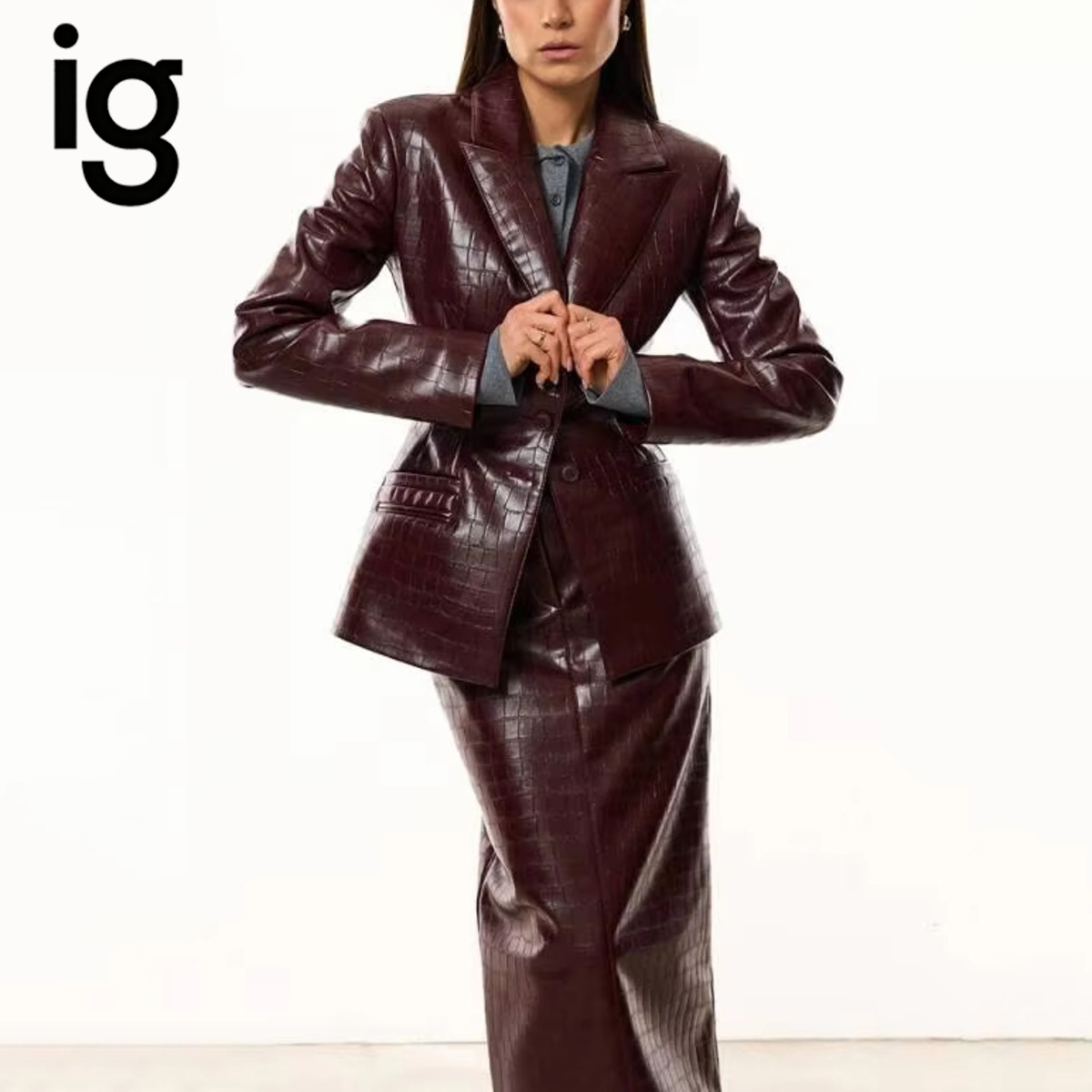 IG Women Burgundy Croc Faux Le - Double Breasted Blazer ulasan dan harga