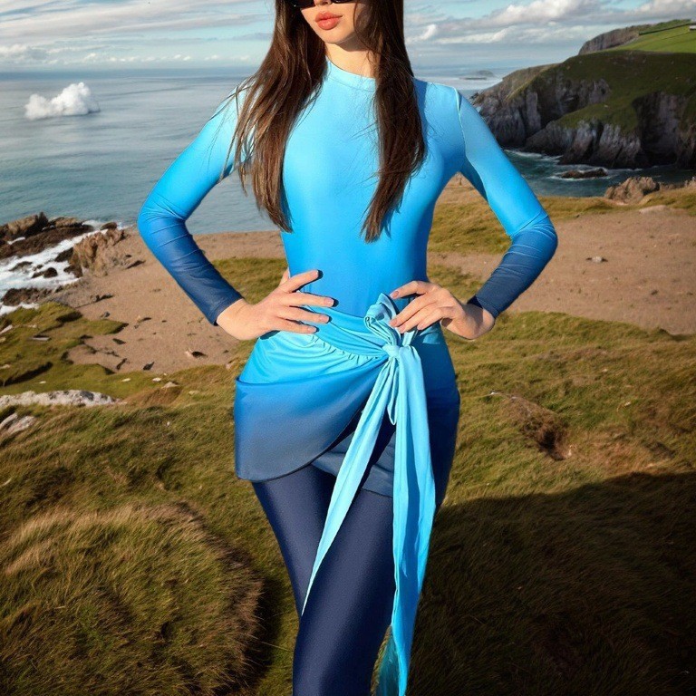Blue Long Sleeve Swimsuit High - Slim Fit Suit Set ulasan dan harga