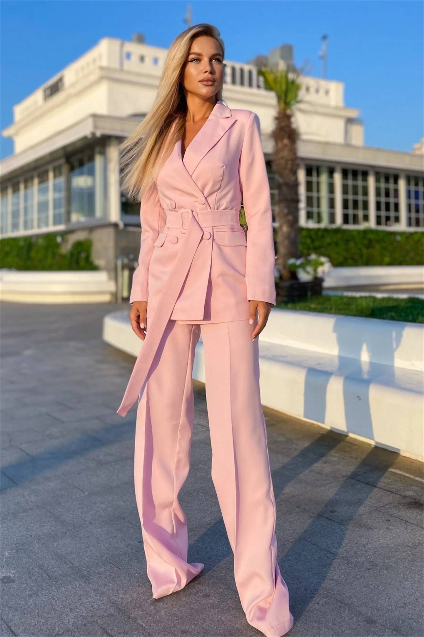 Ladies Pink Suits 2 Pieces Bus - Double Breasted Blazer ulasan dan harga