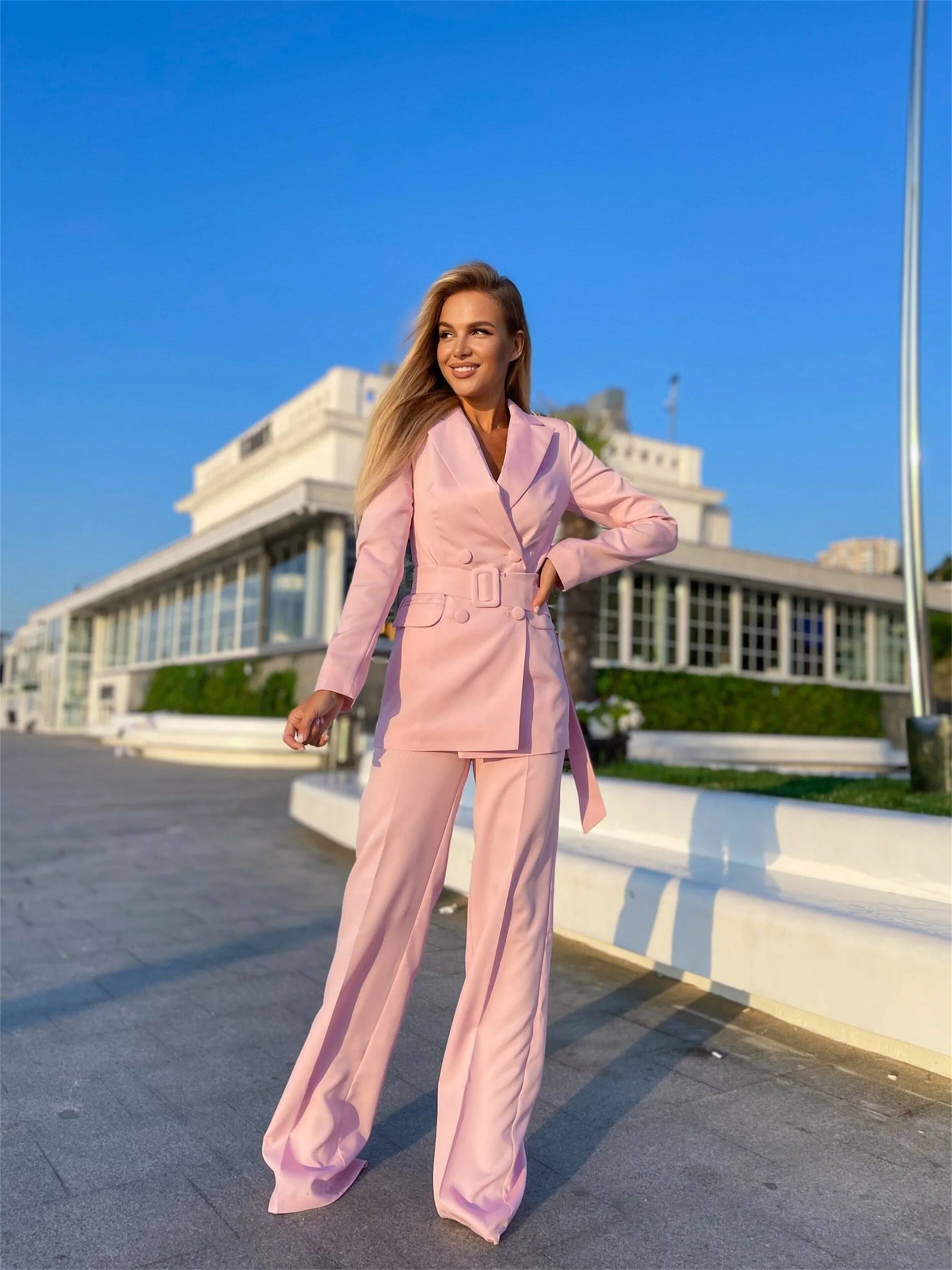 Ladies Pink Suits 2 Pieces Bus - Double Breasted Blazer ulasan dan harga